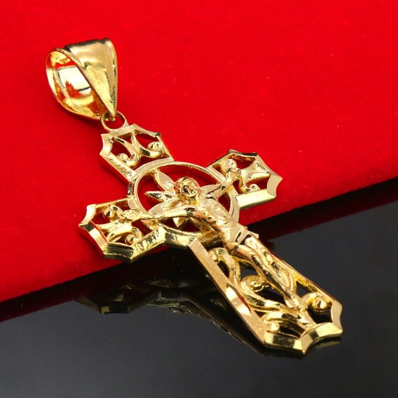 14k Cross Jesus Halo Figaro Italy Necklace - Picture 2 of 5